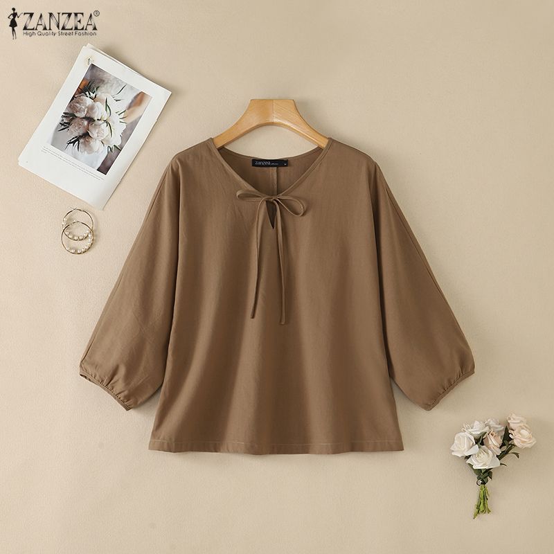 ZANZEA Vintage Womens V Neck Tie Front Blouse with 3/4 Puff Sleeve Casual Loose Tunic Tops