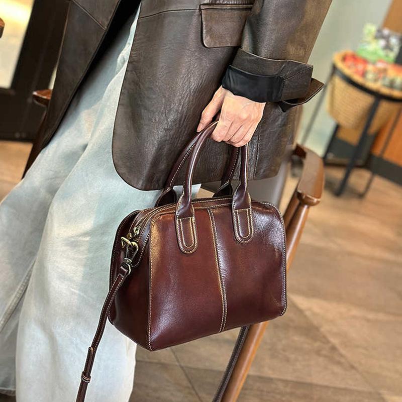 Autumn and Winter Leather Large-capacity Hand-held Bag with Natural Chipped Leather Top Layer, Korean-style Trendy Single-shoulder Women's Bag