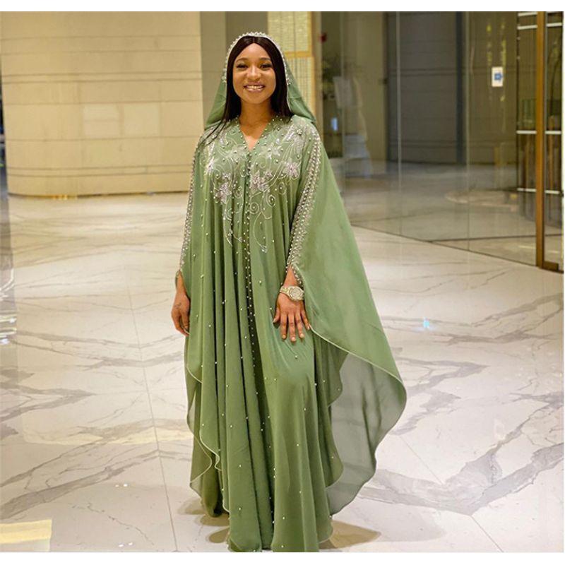 

African WOMEN S plus Size Beaded Diamond Two-piece Dress Grass Green One size