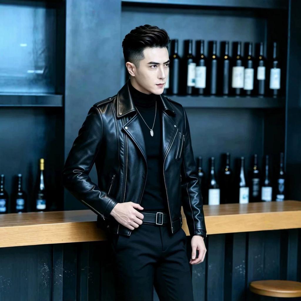 Spring and autumn new elegant men's motorcycle leather jacket, collared multi-zip men's leather jacket, large men's coat