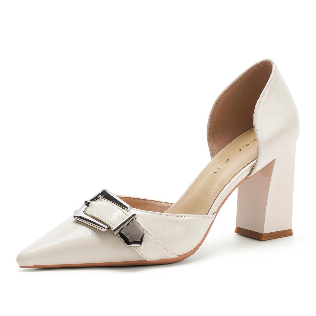 89808 [sheepskin] High Heels Women's Thick Heel 2025 New Pointed Belt Buckle Hollow Temperament Single Shoe