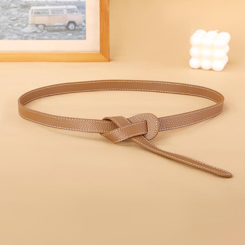 Genuine Leather Knot-Decorated Thin Belt for Women – Waist-Cinching Accessory for Skirts and Outfits.