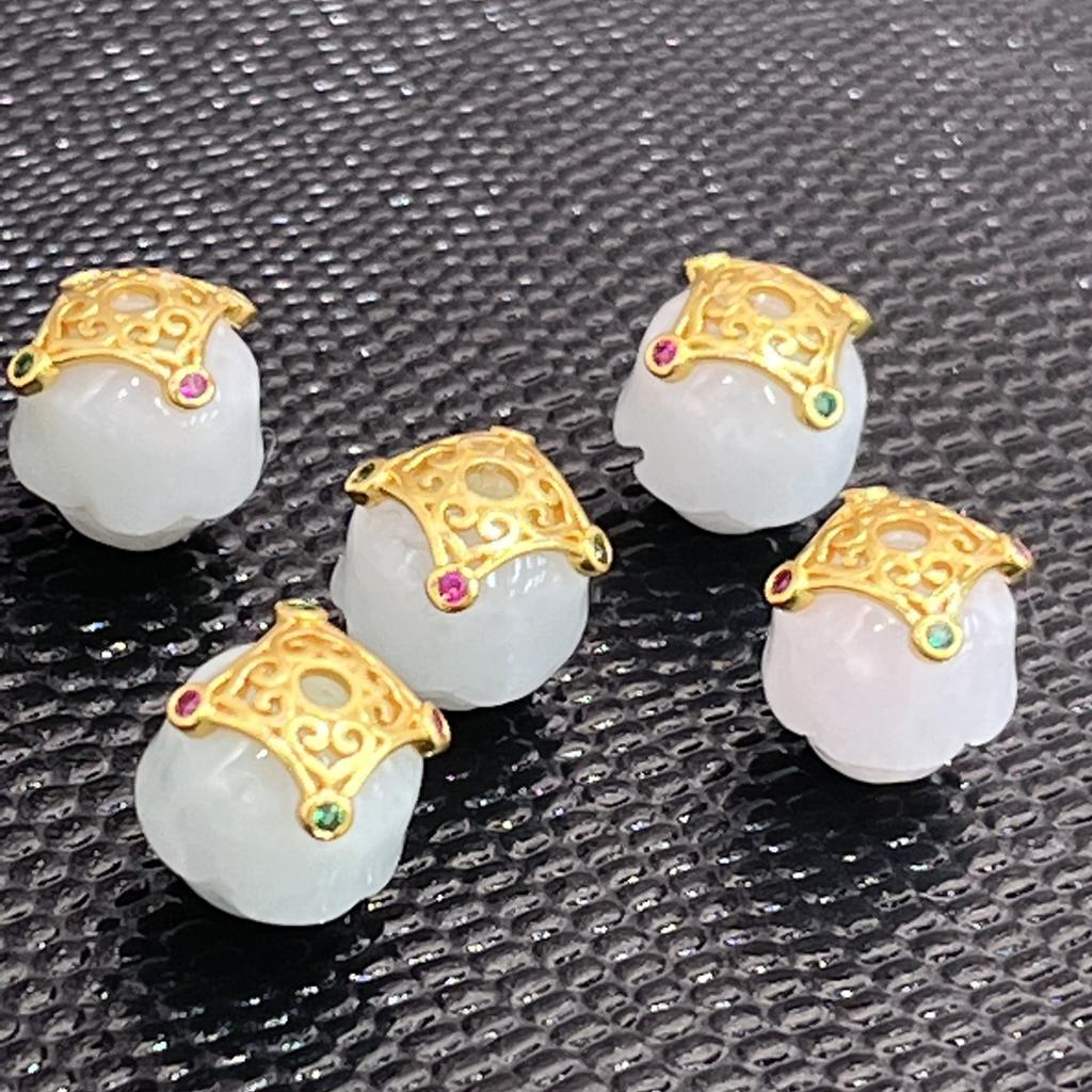 1Pc, Natural Stone Beads with Square Golden Accents, White Jade Beads, 1.1×1.1cm, for DIY Necklace Accessories, Jewelry Making, Unique Christmas Gifts