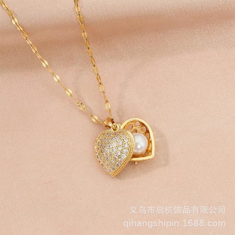 

Peach Heart Necklace Women S Light Luxury Style Simple And Versatile Temperament Shining Zircon Pearl Jewelry