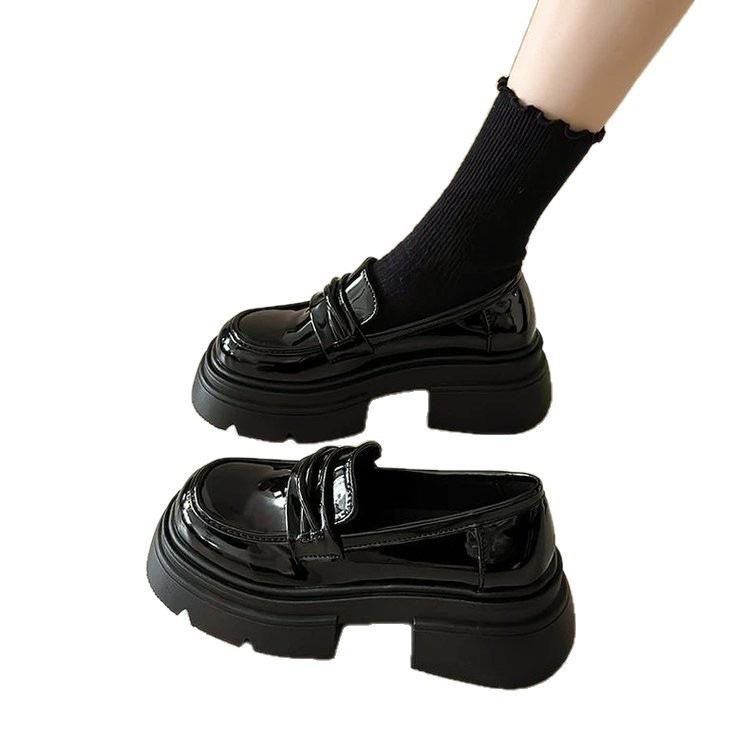 Black thick-soled new heightened soft-soled single shoes retro British style JK small leather shoes