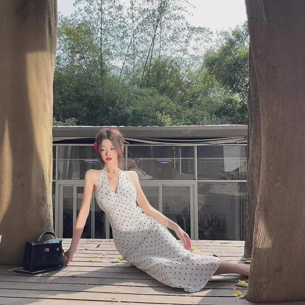 2024 Korean-French Style Backless Lace-Up Polka Dot Halter Neck Long A-Line Summer Dress