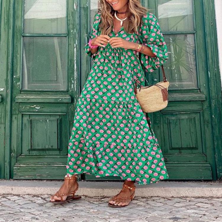 Maxi Dress Women European American Street Style Geometric Puff Sleeve