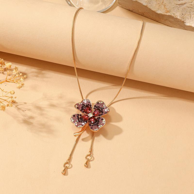 Elegant Shimmering Crystal Four-Leaf Clover Sweater Necklace