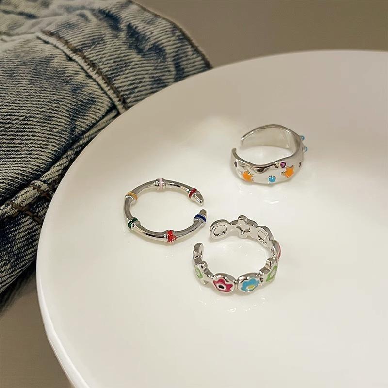 Style Contemporary Ins Adjustable Ring For Women With Colorful Flower And Motif Star