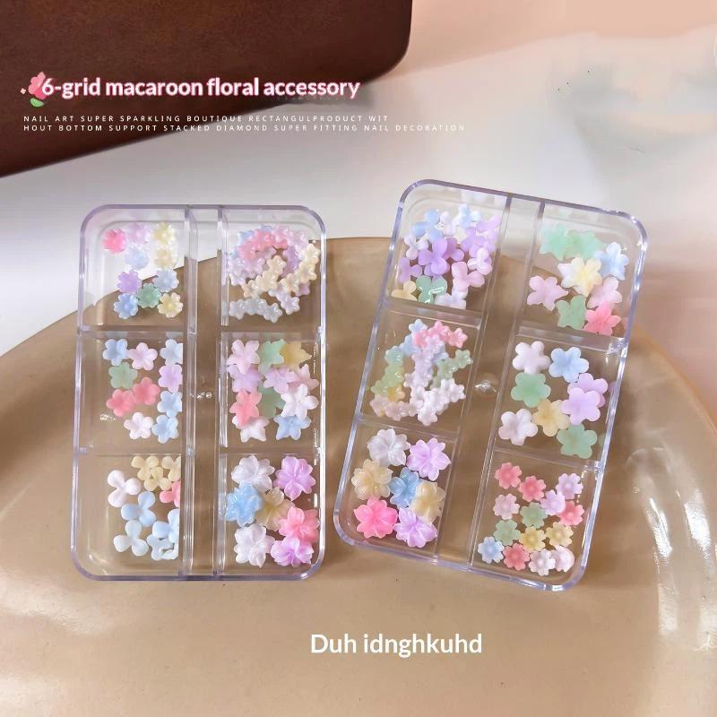 Cute 3D Pastel Macaron Flower Nail Art Charms With 6 Grid Storage Box Perfect For Diy Nail Design Home Salon Use