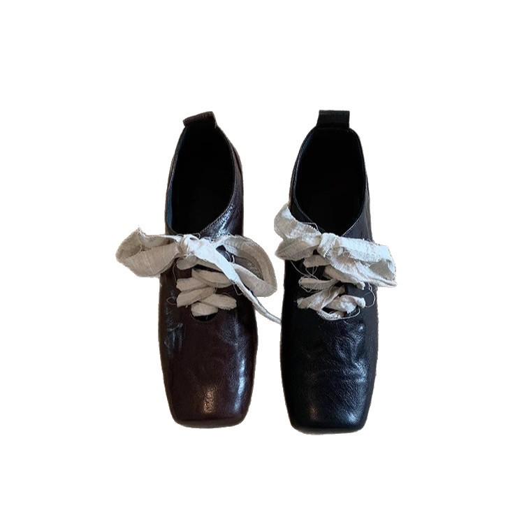 Retro Square Toe Chunky Heel Leather Ballet Shoes for Women