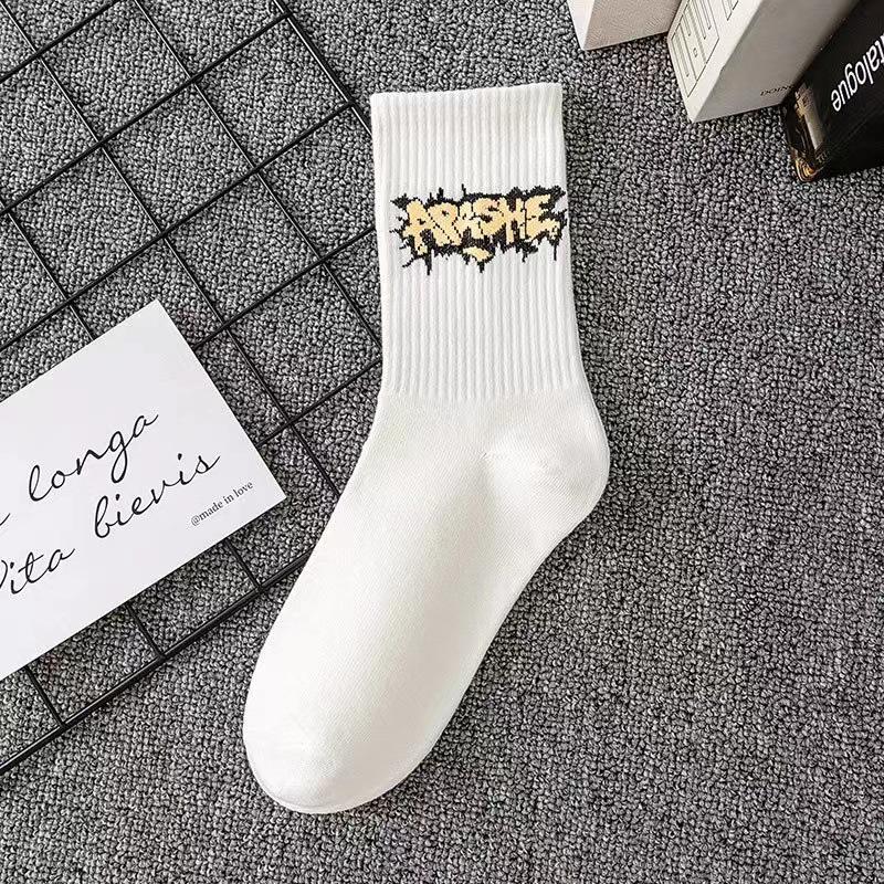 Trendy White Cotton Sports Socks for Couples - Mid-Calf, Autumn/Winter Men's Basketball Long Socks