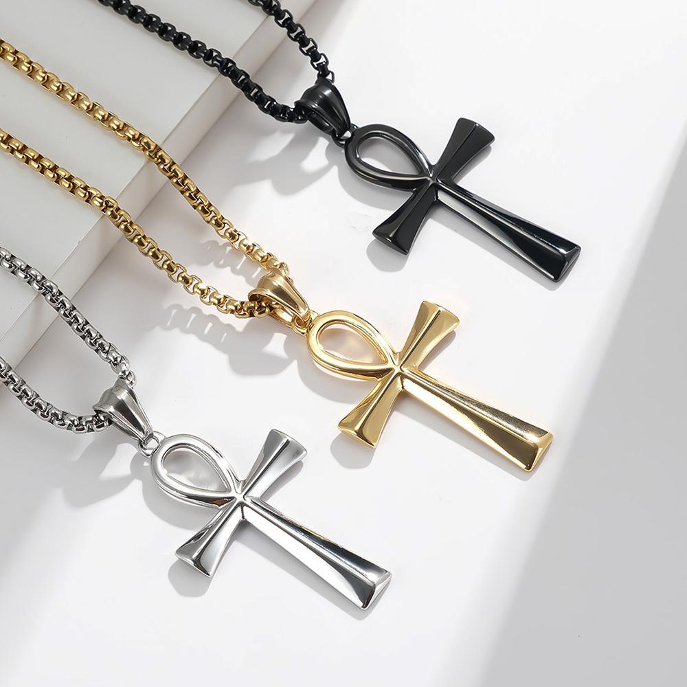 Klassieke Retro Egyptische Ankh Kruis Kettingen voor Mannen Vrouwen Roestvrij Staal Eenvoudig Kruis Hanger Amulet Sieraden Cadeaus