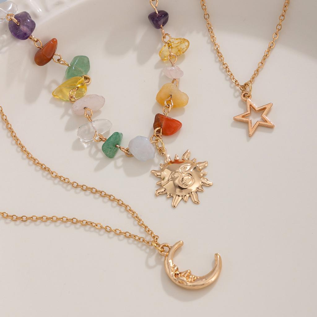 Retro Moon Sun Star Pendant Necklace Women Multilayer Jewelry Accessories