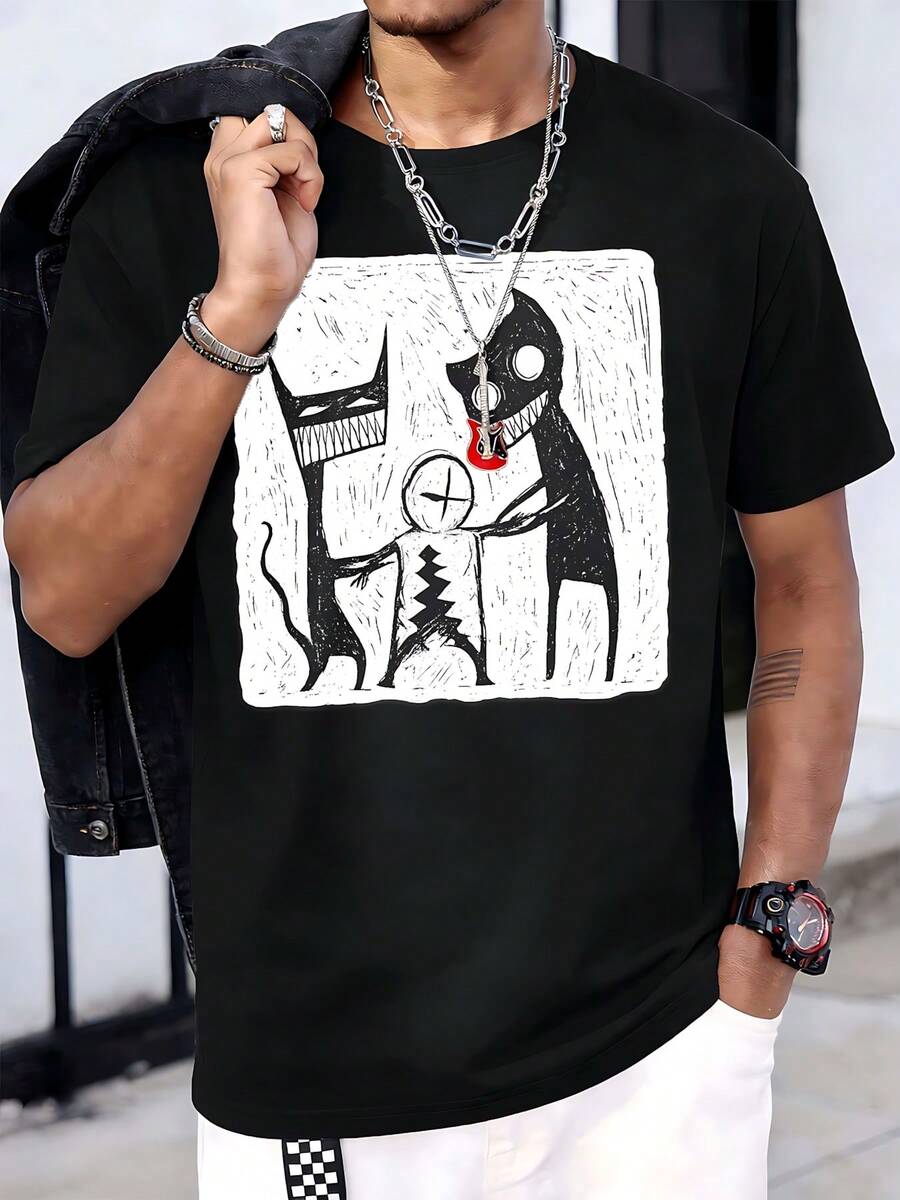 

Black Abstract Graphic Print T-Shirt, High Quality Fabric, Crew Neck, Loose Fit, Comfortable, Art Print 5XL різнокольоровий
