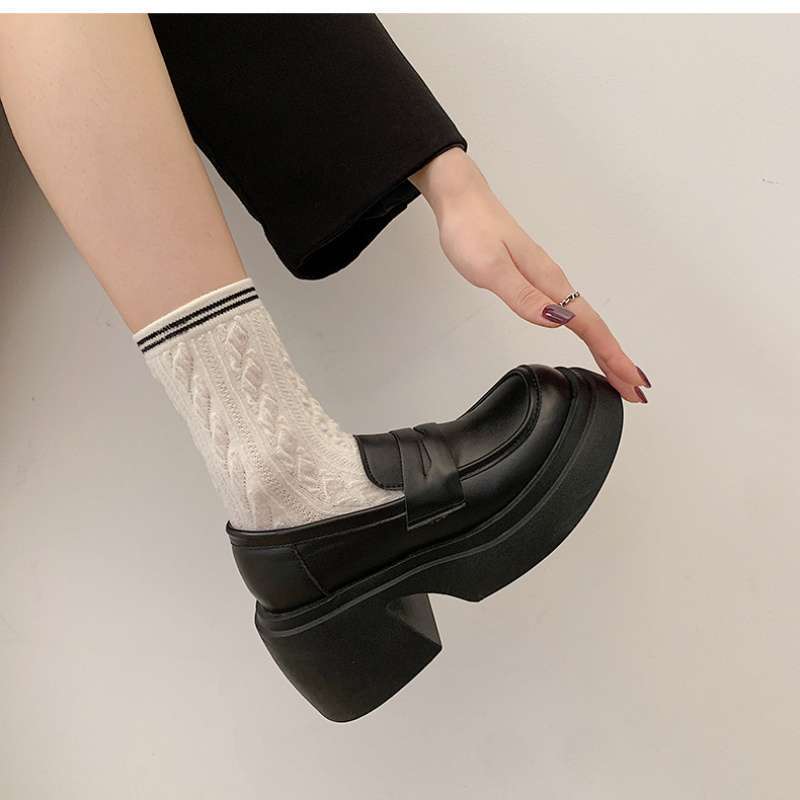 Platform British Style Small Leather Shoes Women's Thick Autumn High Heels One Pedal French Loafers Versatile Height-increasing Small Shoes
