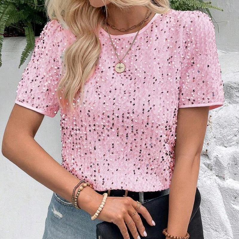 Sequined Crew Neck Summer Women Blouse Commuter Loose Short Sleeved Top Women's Casual Elegant T-shirt Fashion Simple Streetwear Sweet Simple Shirts