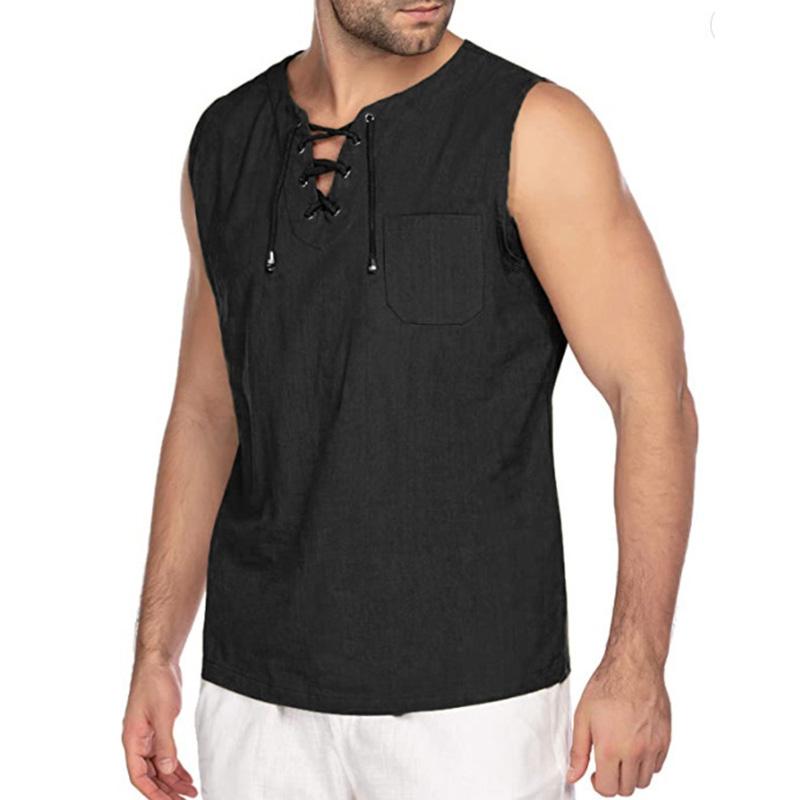 Gilet ampio da uomo Canotta Canotta con lacci Scollo a V senza maniche Pullover in lino di cotone Casual Streetwear