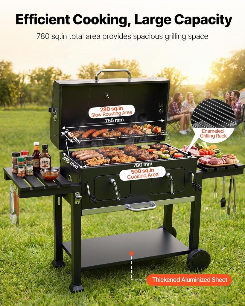 Charcoal Grill, 0.5 m² Large Charcoal Barbecue Grill with 2 Liftable Charcoal Trays & Folding Side Tables, High-Temp Powder-Coated Steel BBQ Cooking