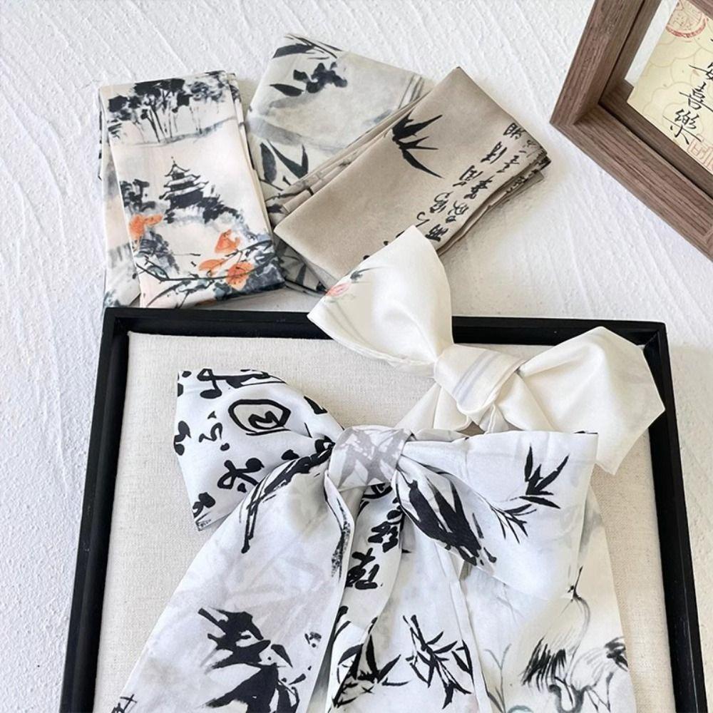 Minimalist Style Ink Painting Silk Scarf Long Ancient Hair Band Retro Ribbon Headband  Lady