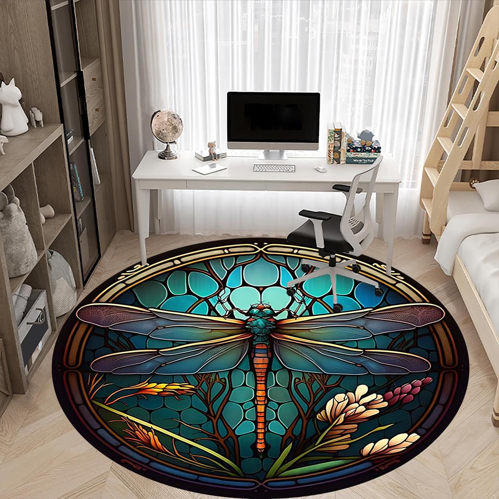 1PC Dragonfly StainedGlass Office Round Area Rug, Mat Suitable ForOffice, Under Office Chairs Bedroom Living Room Home Decor, Room Deco