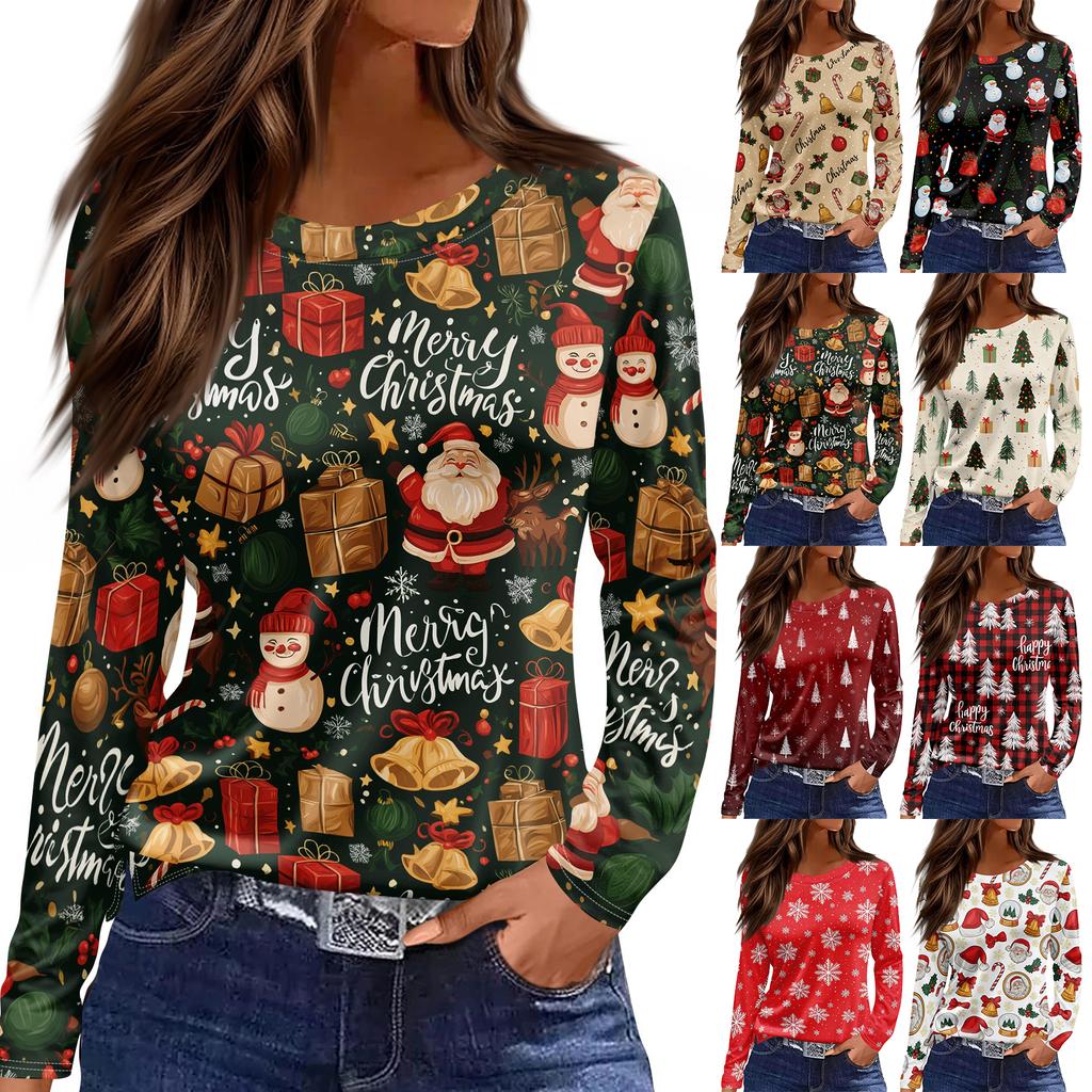 Women's Long Sleeve Christmas Tree Print Top with Side Slit Hem and Round Neck - Holiday Casual Blouse