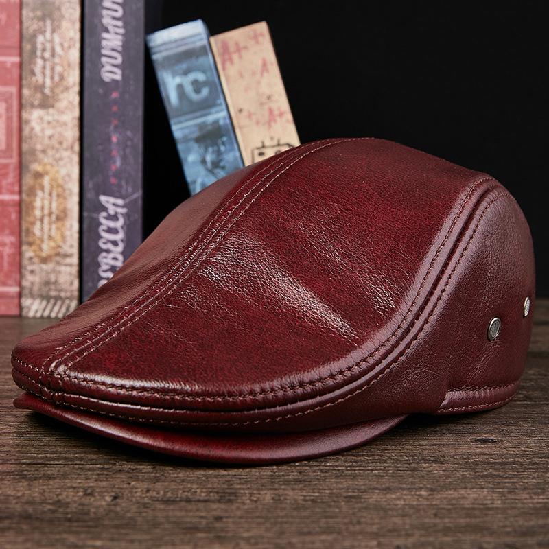 Podzimní a zimní kšiltovka z pravé kůže pro muže, klobouk z hovězí kůže