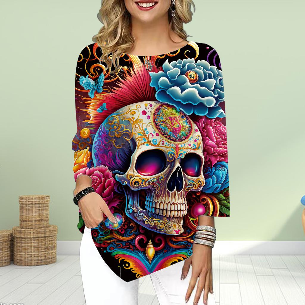 Damen Dreiviertelarm Rundhals T-Shirt Lockere Shirts Lässig Furchteinflößender Totenkopf Print T-Shirt Tops