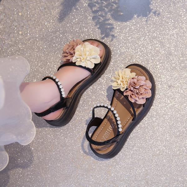 

Fashion 2025 Sandals Retro Woman Shoes Open Toe Summer Heels All-Match New Original Peep Flat Outside Pearl Girls Floral Flower 35