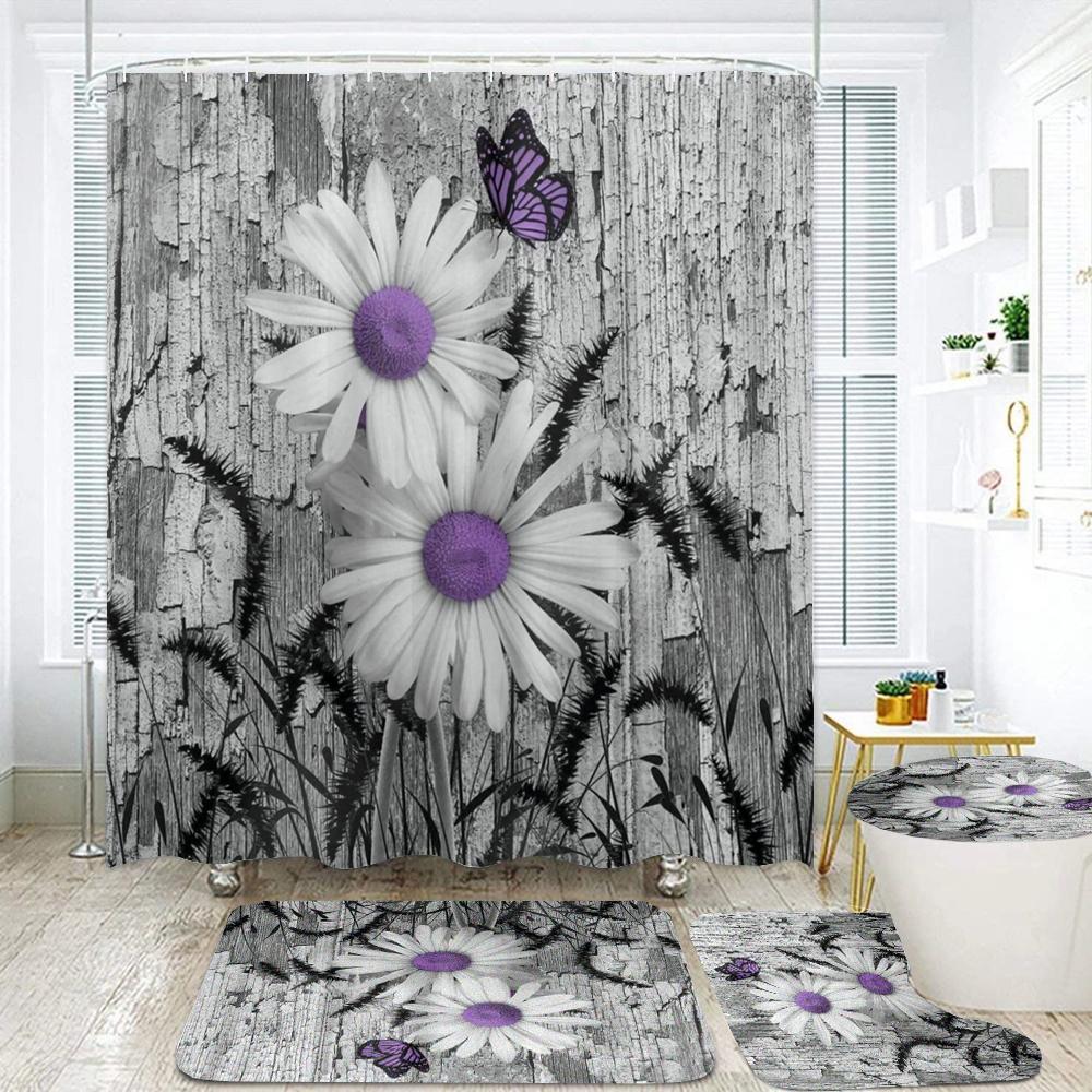 180*180cm Blue Rose Flowers Fabric Shower Curtains Bath Mat Rugs Beautiful Butterfly Flower Bathroom Curtain Set Home Decoration