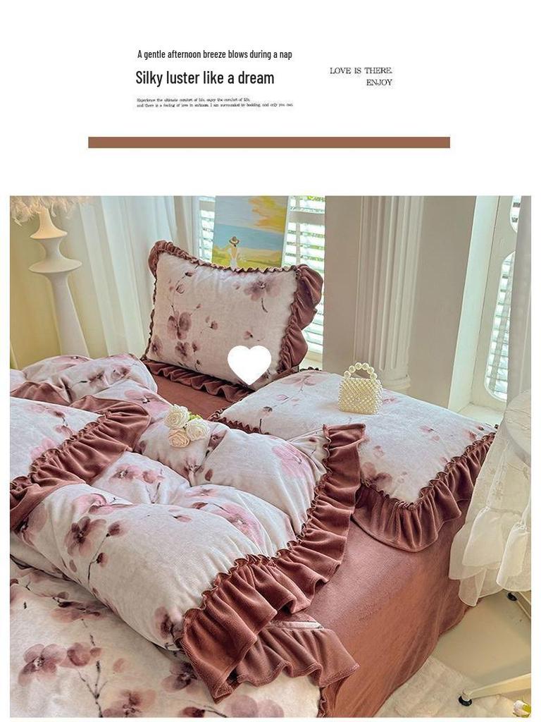 G5Z Winter-Samt Prinzessinnen-Spitzen Bettwäsche-Set - Flanell Bettdecke und Laken, Koralle, Vierteilig.
