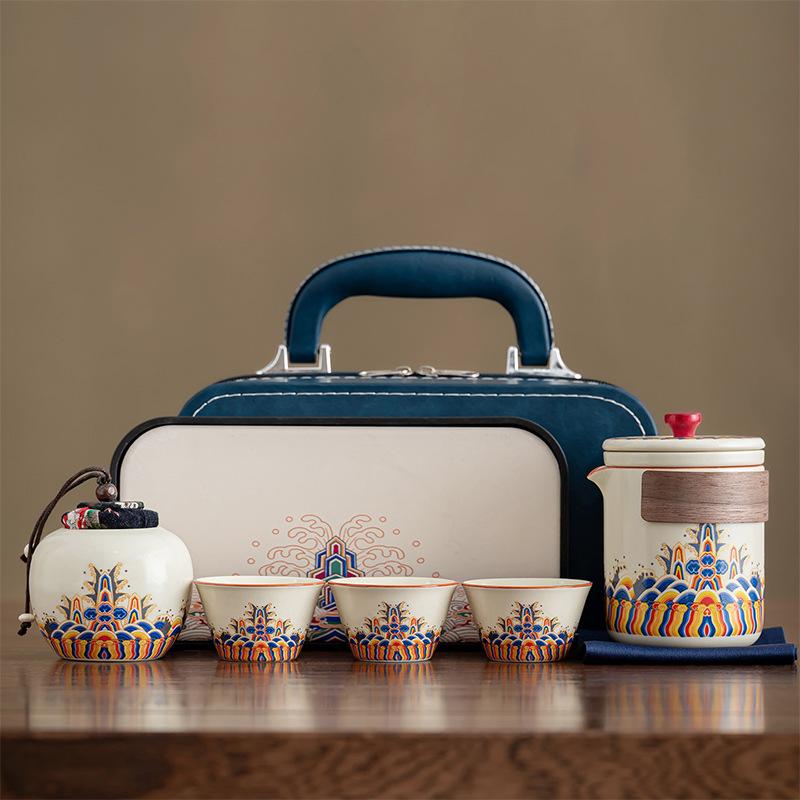 Ru Kiln Blue and White Travel Tea Set Portable Business Event Gifts Ceramic Brewing Teapot Kuaike Cup