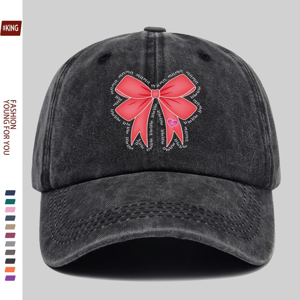 Red Bow Pink Heart Washed Baseball Cap Vintage Denim Adjustable Outdoor Sun Hat