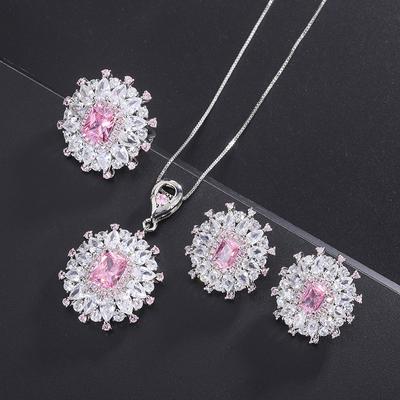 S925 Silber Nadel Imitation Schmuck Zubehör Set Rosa Diamant Ohrringe Halskette Zirkon Ring