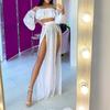 2Pcs/Set Swimwear Cover Up Solid Color Off Shoulder Waist-exposed Wear-resistant Beach Skirt for