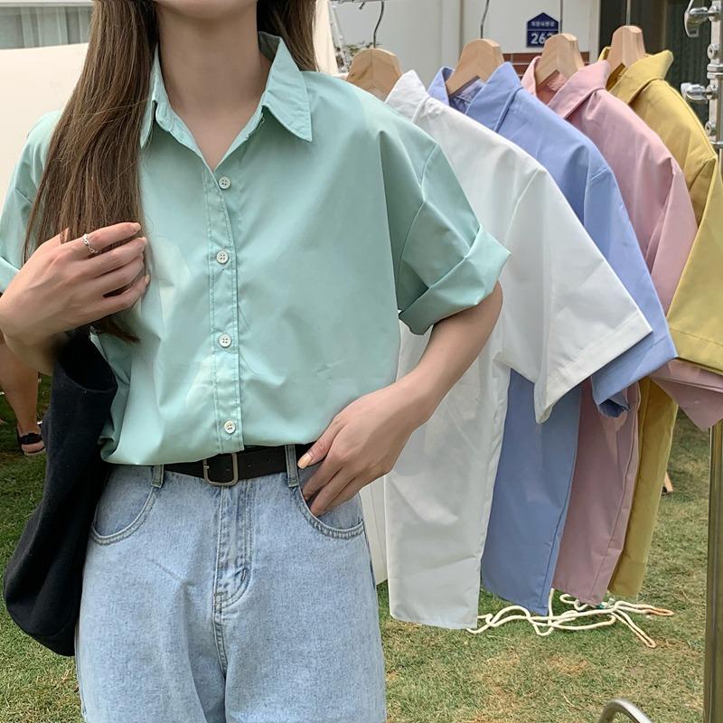 Summer Short Sleeve Solid Casual Shirts Women Fashion New Thin Single Breasted Loose Blouse Women Elegant Slim Fit Simple Office Lady Shirt Tops 26284