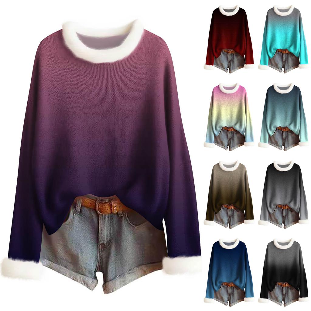 Women's Fashion Print Wool-Collar Sweater Casual Long-Sleeve Knit Pullover Top