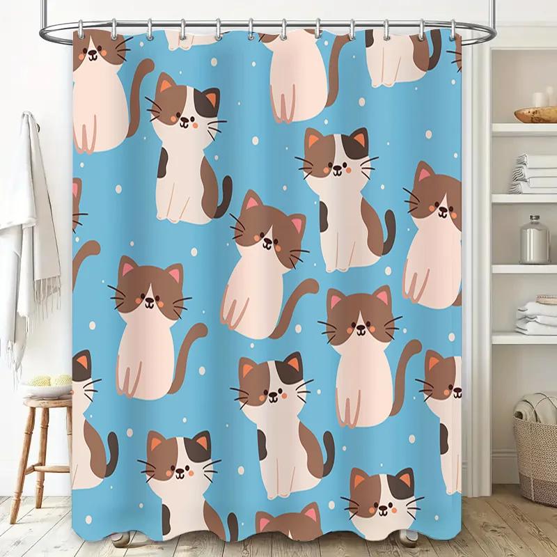 Cute Cartoon Cats Shower Curtain Waterproof Fabric Bathtub Decoration Wall Hanging for Bathroom Accessories Home Decor Light Blu