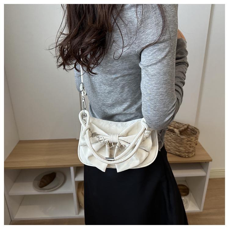 Sweet Bow Floral Women Shoulder Underarm Bags Simple Solid Color Ladies Crossbody Bag Versatile Portable Pearl Chain Handbag