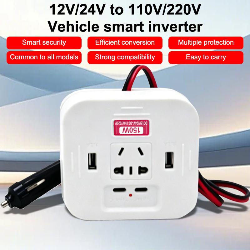 150W Car Power Inverter With Usb C Fast Charging Ac Outlets Fireproof Abs Shell For Road Trips Charging Multiple Electronics