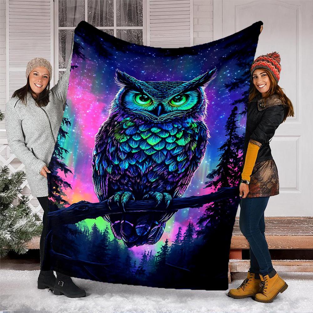 1pc Neon Owl Art Print Outdoor Blanket - Lightweight Flannel Throw For Travel, Camping, Livingroom, Couch, Chair Yy251114206