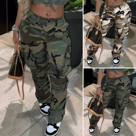 Dame Camo Print Cargobukser Høy Midje Vide Ben Baggy Streetwear Casual Kamuflasje Militærbukser med Lommer