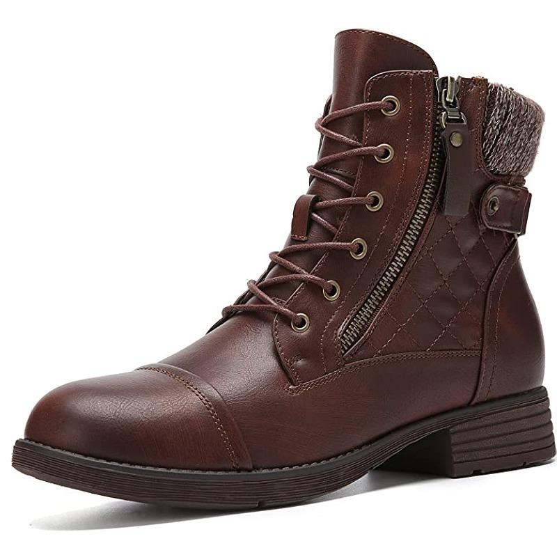 Damenmode Stiefeletten mit seitlichem Reißverschluss, niedrigem Absatz, rutschfestem, besticktem Karomuster, bequemer Strick-Schnürung, Ganzjahres-Tragekomfort Western-Stiefeletten