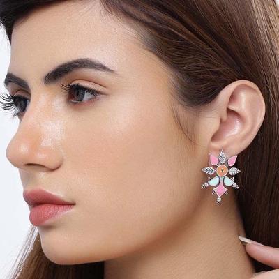 Ohrringe aus oxidiertem Messing, verträumte Emaille, Blumenform, blau, für Damen und Mädchen