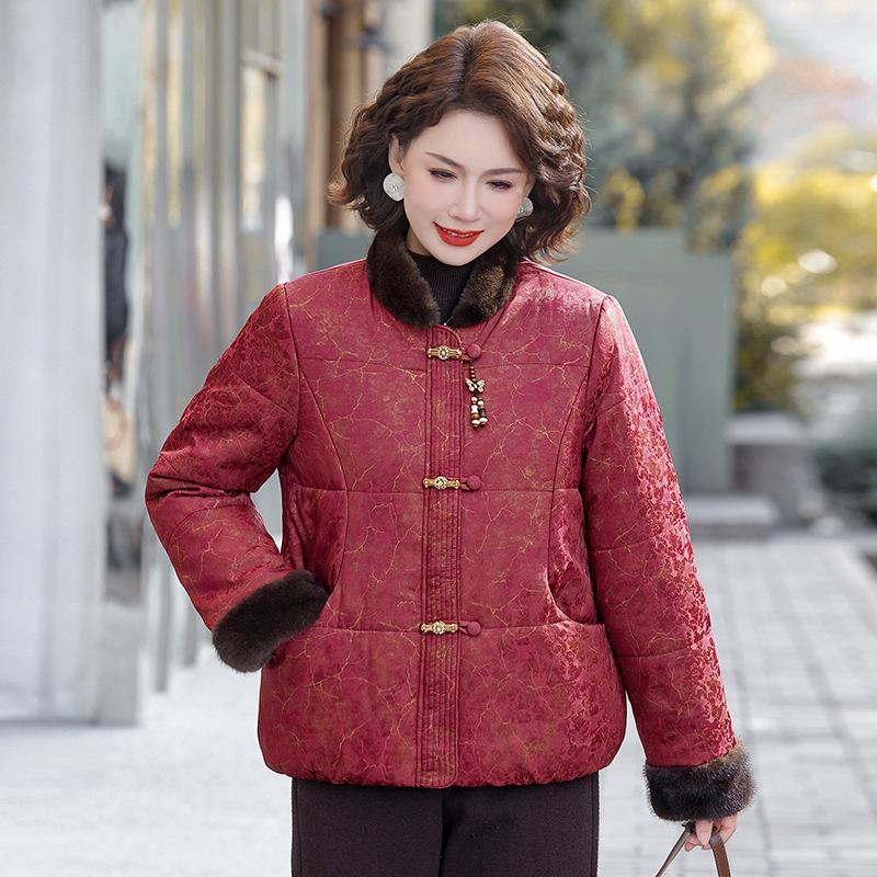 Luxury Retro Jacquard Cotton Jacket for Women: Winter Style with Plush Padding, Perfect for Mid-to-Older Age During Spring Festival.
