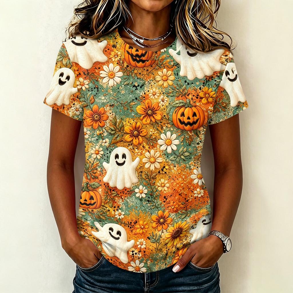 Women's Casual Short Sleeve Round Neck Pullover T-Shirt with Halloween Print