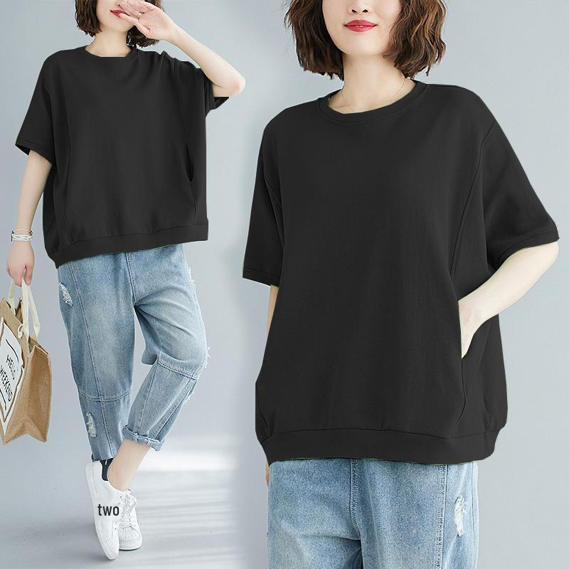 2025 Summer Plus Size Slimming T-Shirt for Girls: Loose Fit, Age-Reducing, Solid Color, Versatile Short Sleeve Top