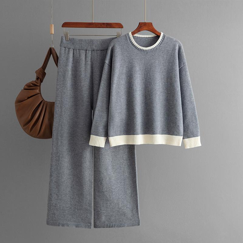 GMXIA Autumn and Winter Style Contrasting Color Round-neck Knitted Sweater Slimming Wide-leg Pants Two-piece Set for Women