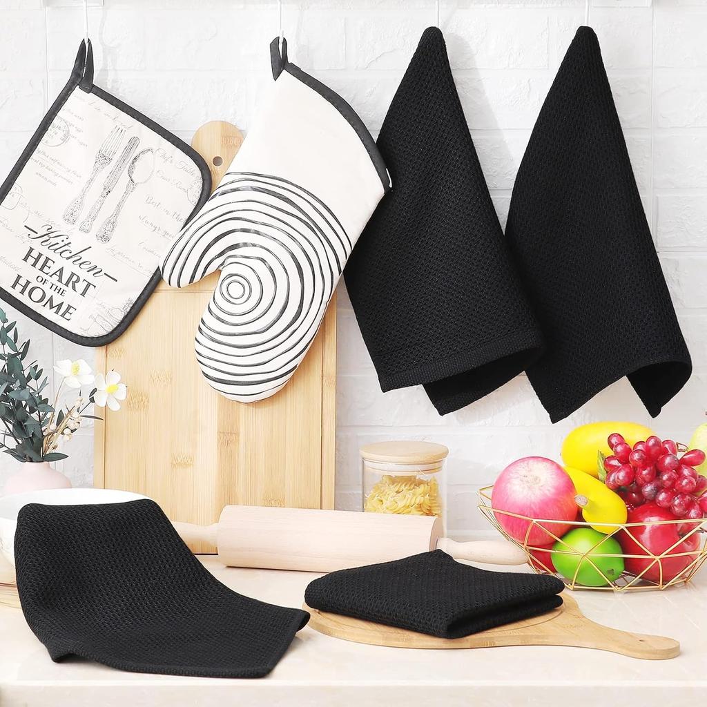 Panos Kitchen Cloth Linen Scandinavian Dishcloth Waffle Kitchen Towel with Loop Set of 6 30 X 30 Cm Black