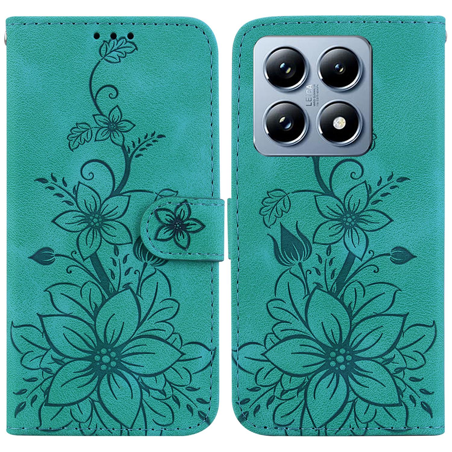 

For Xiaomi 14T Case Lily Flower Imprint Leather Phone Cover with Stand Green